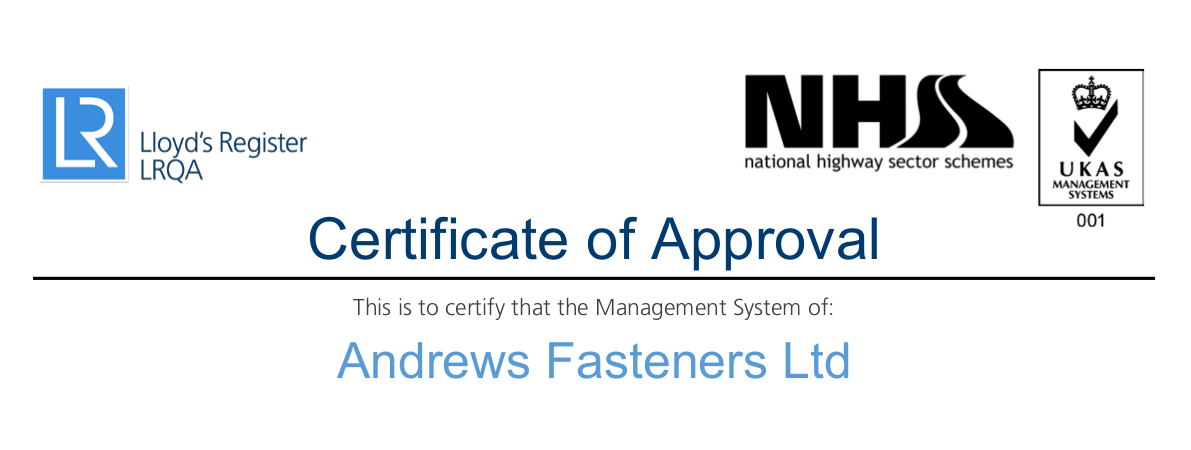 Andrews Fasteners Certificate for ISO 9001:2015 and NHSS3 (2015)
