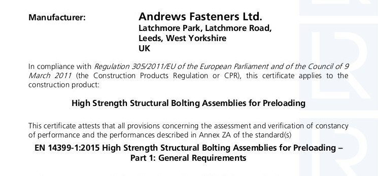 Andrews Fasteners Limited – The first fastener company to be approved to EN 14399-1:2015