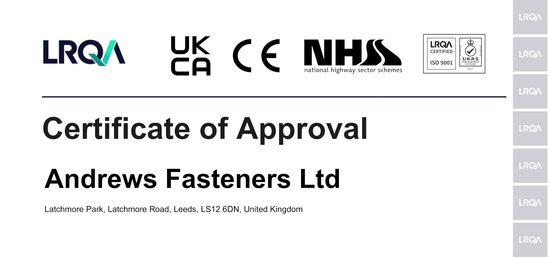 Andrews Fasteners FV - ISO 9001:2015, NHSS3, CE/FPC CPR (2023)