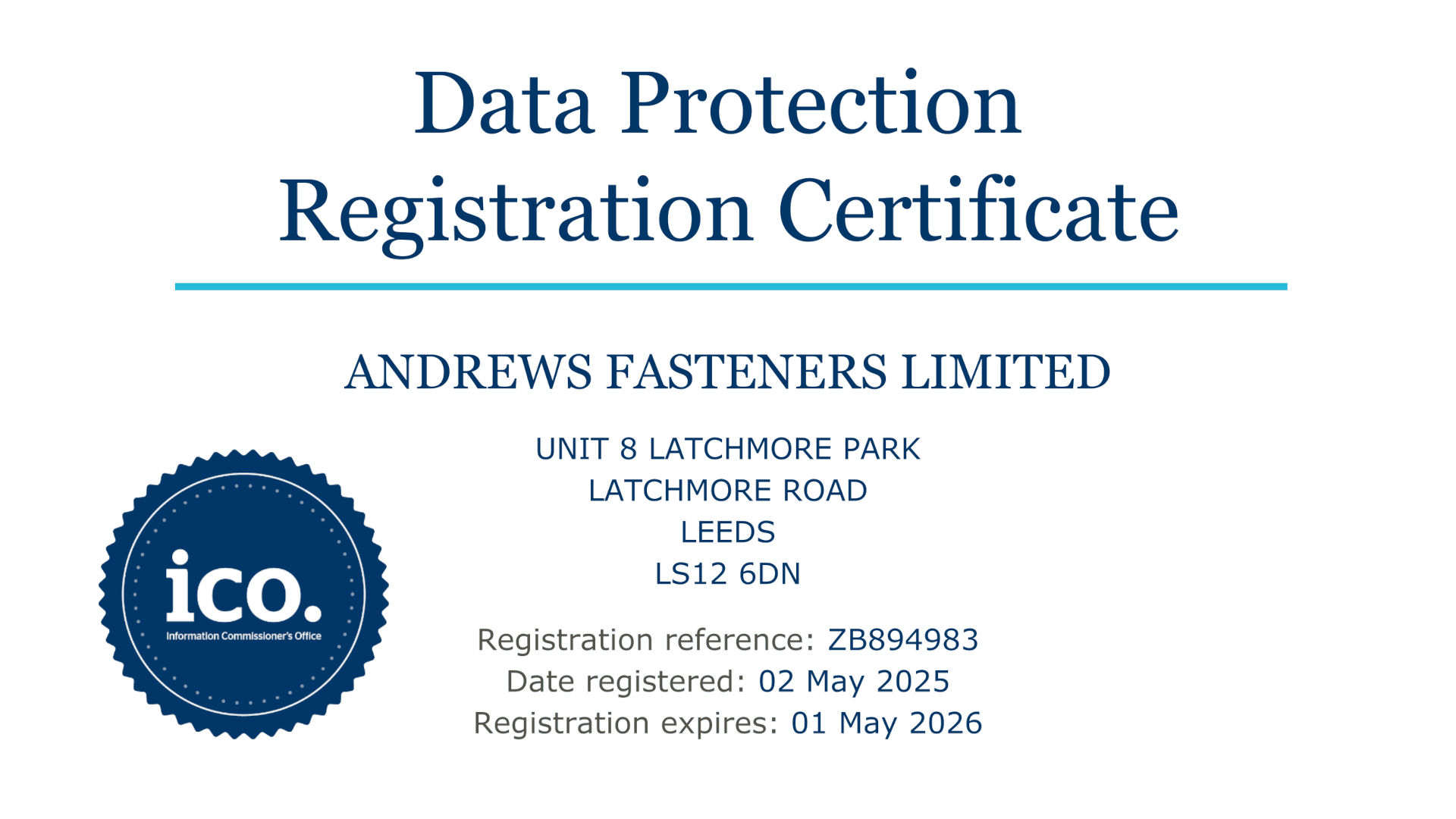 Andrews Fasteners Commitment to Data Protection Excellence